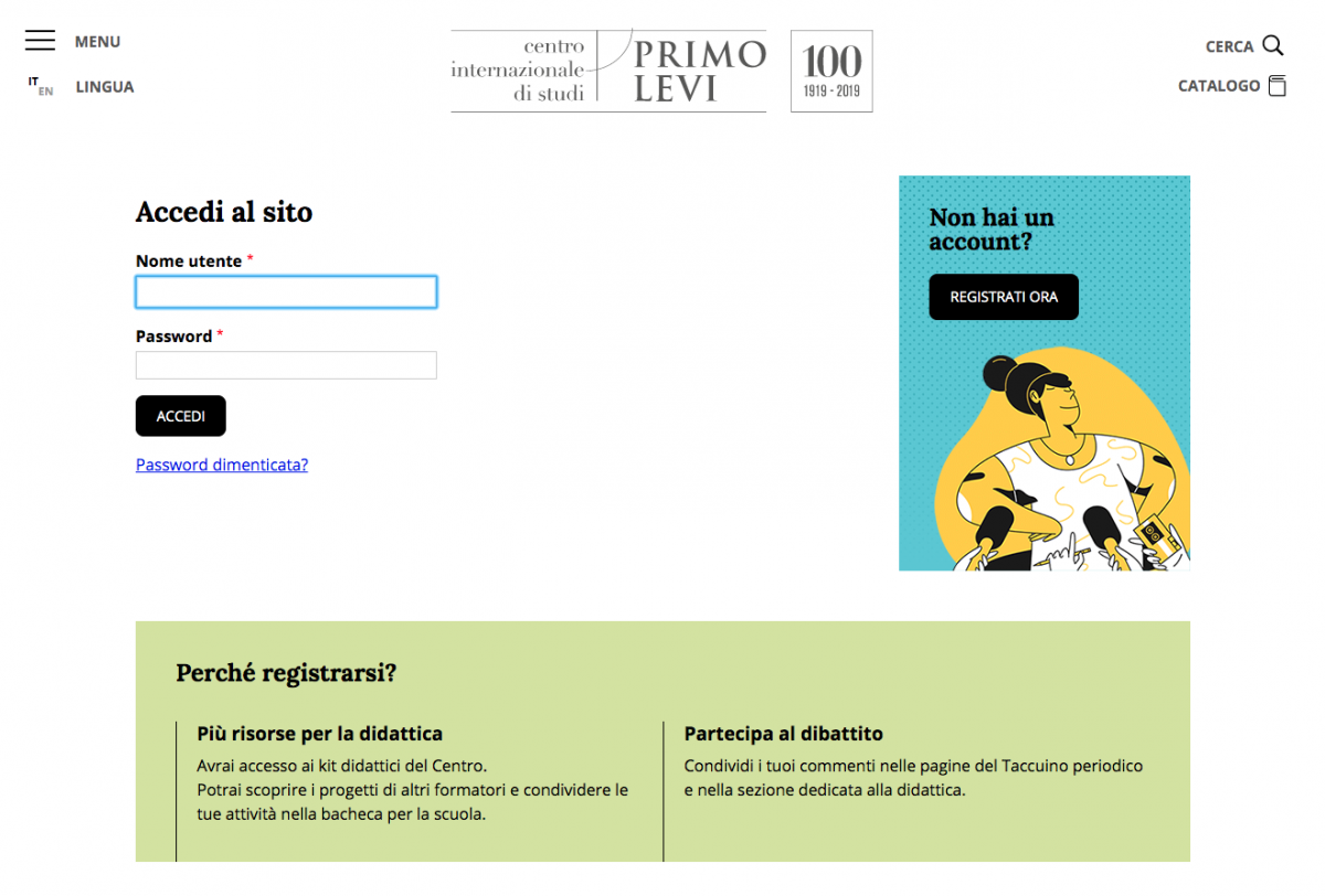 Sito del Centro Internazionale di Studi Primo Levi - pagina di registrazione