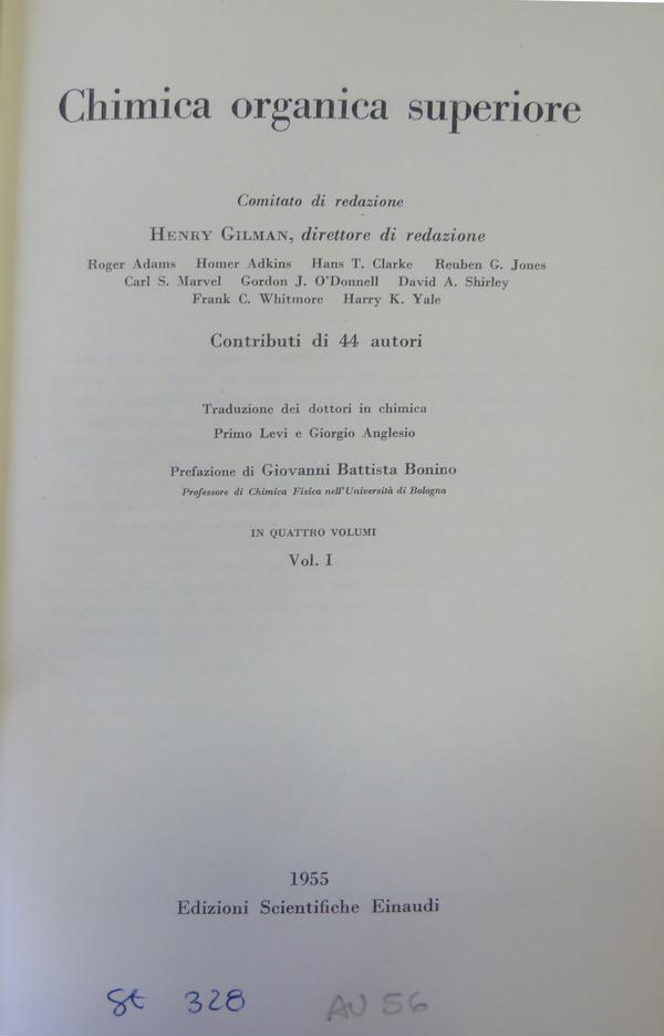 Il frontespizio della prima edizione italiana del testo Chimica organica superiore, Biblioteca Gabriello Illuminati, Dipartimento di Chimica dell’Università di Roma La Sapienza.