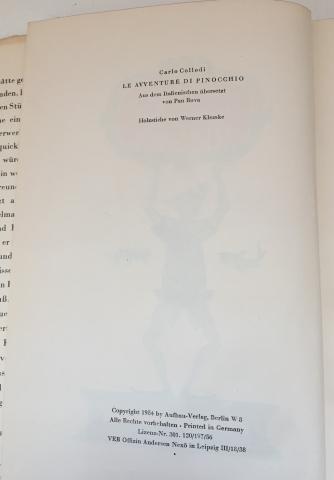 Colophon - Carlo Collodi,  Pinocchios Abenteuer, Aufbau-Verlag, Berlin, 1954, tradotto dall’italiano da Pan Rova.