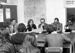 Primo Levi at a meeting of the school council of the Liceo Massimo D’Azeglio. February 17 1975. Copyright La Stampa