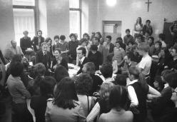 Primo Levi at a meeting of the school council of the Liceo Massimo D’Azeglio. February 17 1975. Copyright La Stampa