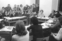 Primo Levi at a meeting of the school council of the Liceo Massimo D’Azeglio. February 17 1975. Copyright La Stampa