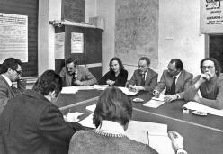 Primo Levi at a meeting of the school council of the Liceo Massimo D’Azeglio. February 17 1975. Copyright La Stampa