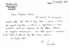 Biglietto di ringraziamento scritto da Primo Levi al prof. Boido di Genova. Per gentile concessione del prof. Boido.