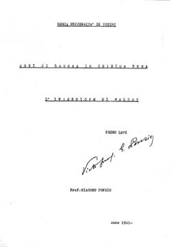 Frontespizio della Tesi di Laurea di Primo Levi in Chimica Pura sulla "L'Inversione di Walden"
